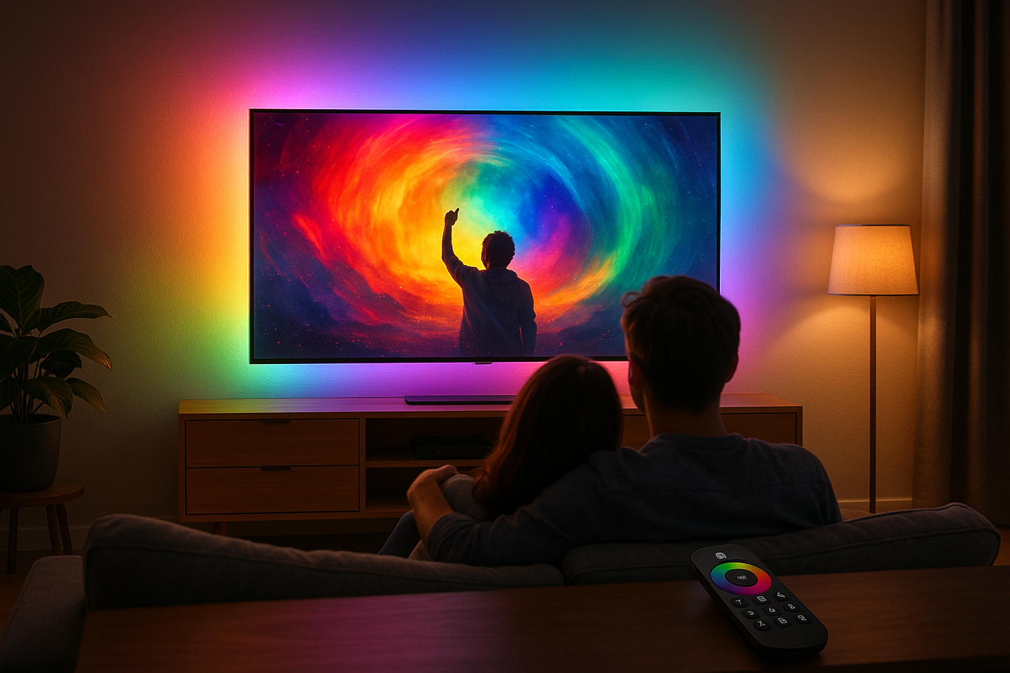 led-tv-background-around-the-tv-with-a-matching-colors-to-what-we-see-on-the-tv-with-a-remote-for-the-color-selection with a couple sitting on the coach watching the tv