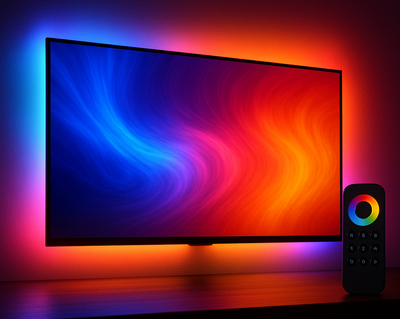 led tv background around the tv with a matching colors to what we see on the tv with a remote for the color selection